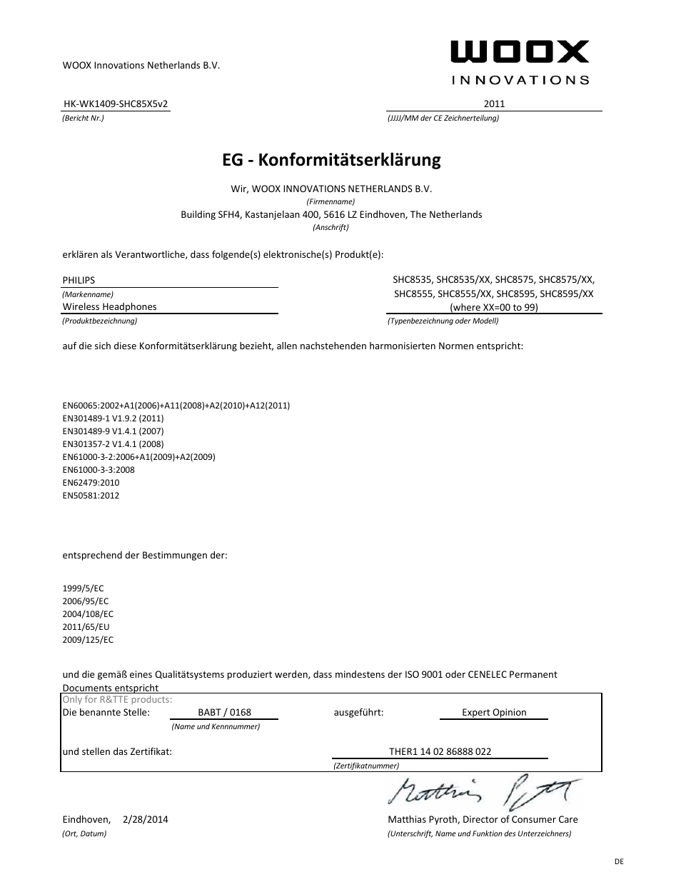 Eg - konformitätserklärung | Philips Auricular Hi-Fi inalámbrico User Manual | Page 3 / 21