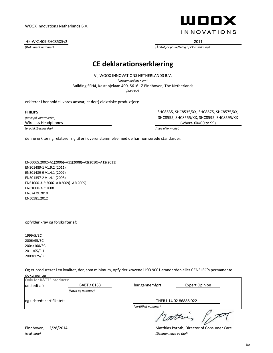 Ce deklarationserklæring | Philips Auricular Hi-Fi inalámbrico User Manual | Page 5 / 21