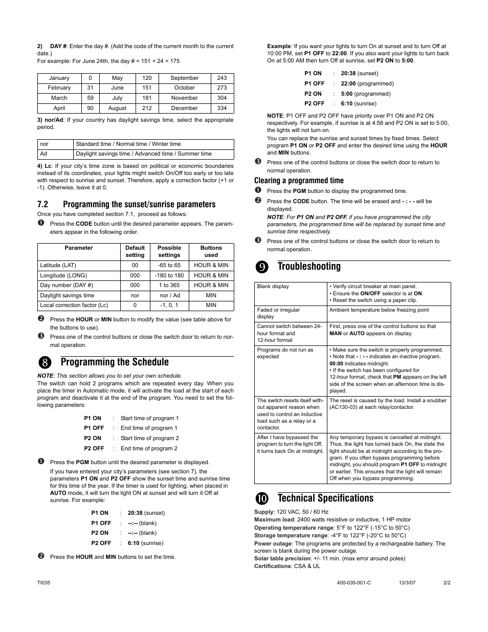 Programming the schedule, Troubleshooting, Technical specifications | 2 programming the sunset/sunrise parameters | Aube Technologies TI035 User Manual | Page 2 / 4