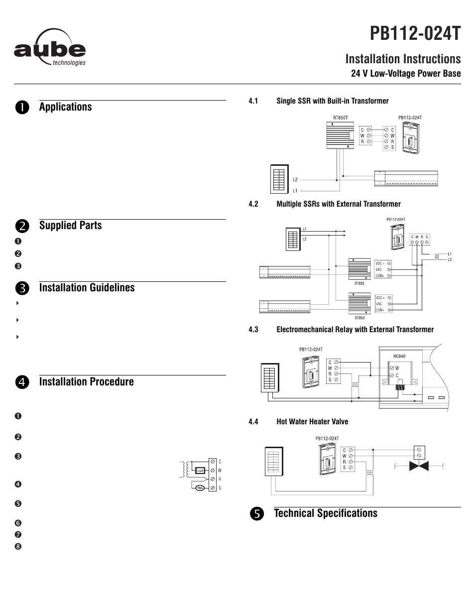 Installation instructions, Applications, Supplied parts | Installation guidelines, Installation procedure, Technical specifications | Aube Technologies TH113 User Manual | Page 2 / 2