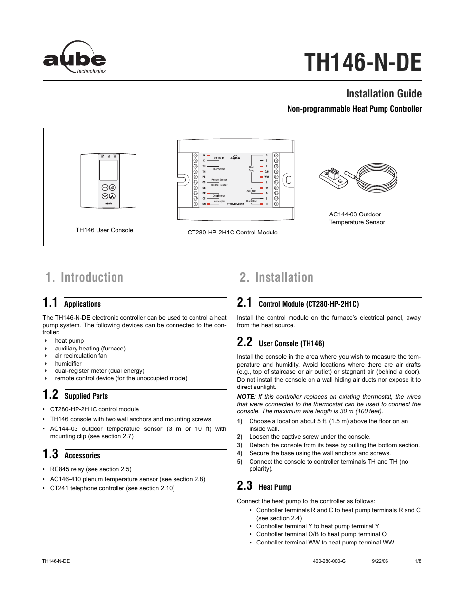 Aube Technologies Non-programmable Heat Pump Controller TH146-N-DE User Manual | 8 pages