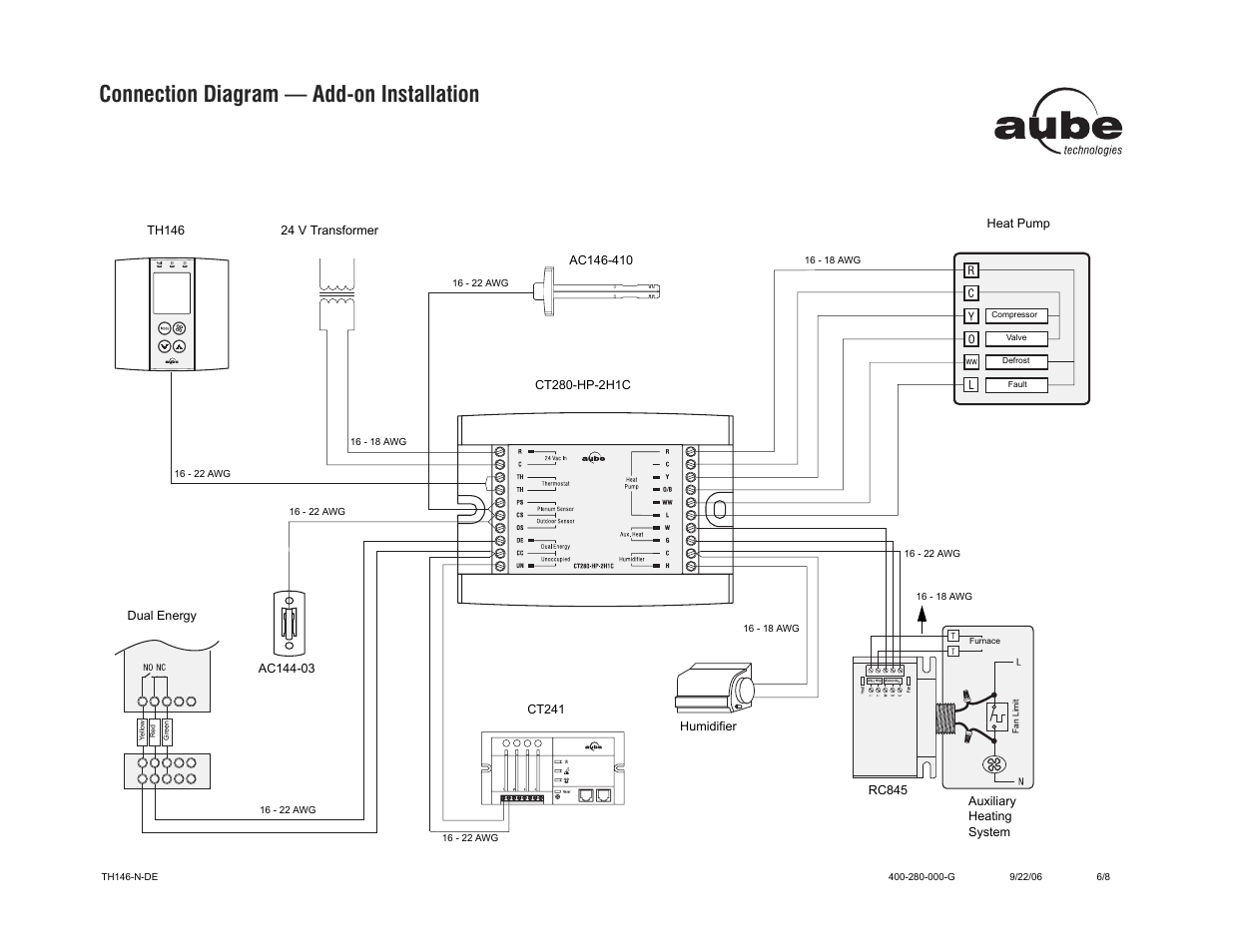 Connection diagram — add-on installation | Aube Technologies Non-programmable Heat Pump Controller TH146-N-DE User Manual | Page 6 / 8