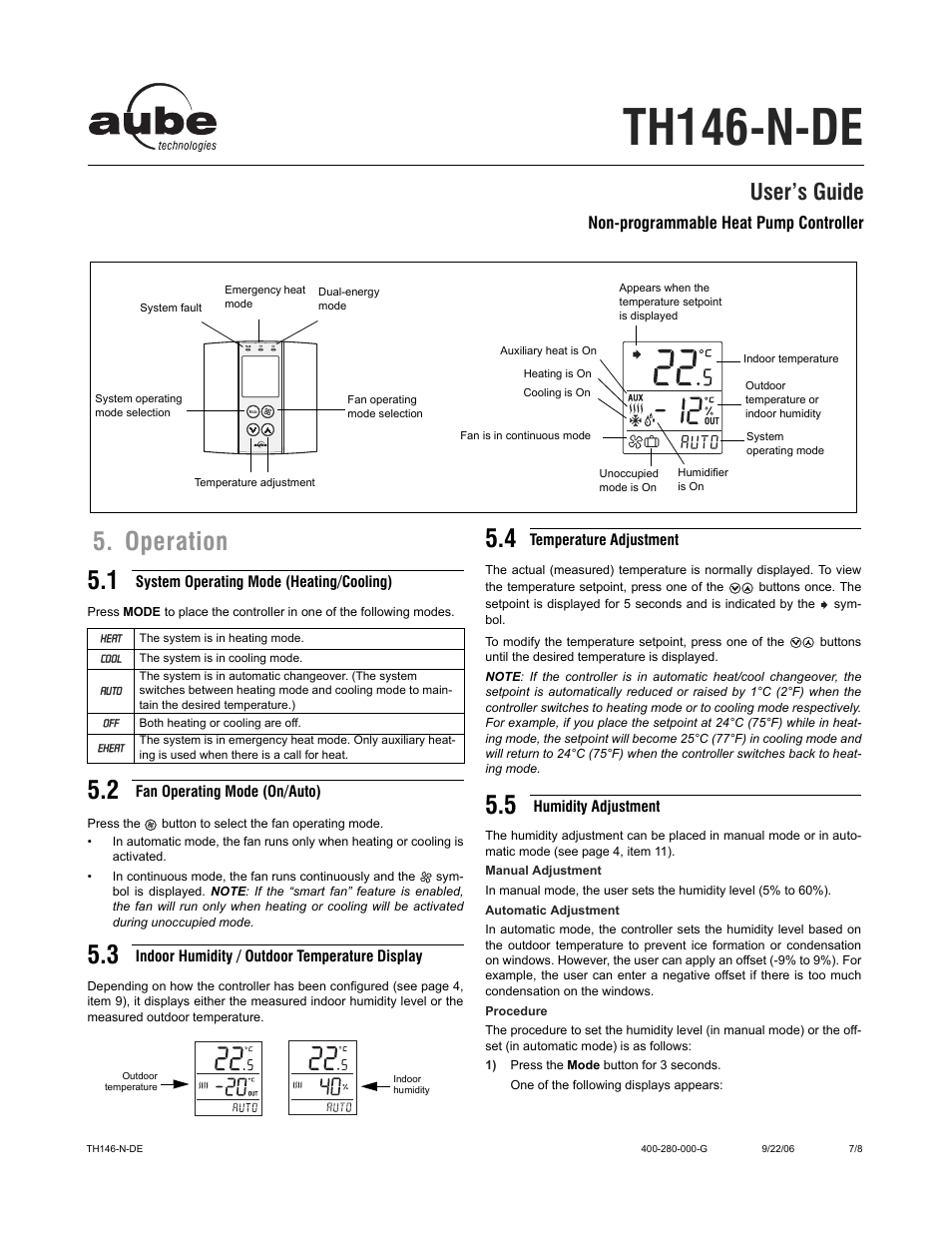 Th146-n-de, Operation 5.1, User’s guide | Aube Technologies Non-programmable Heat Pump Controller TH146-N-DE User Manual | Page 7 / 8