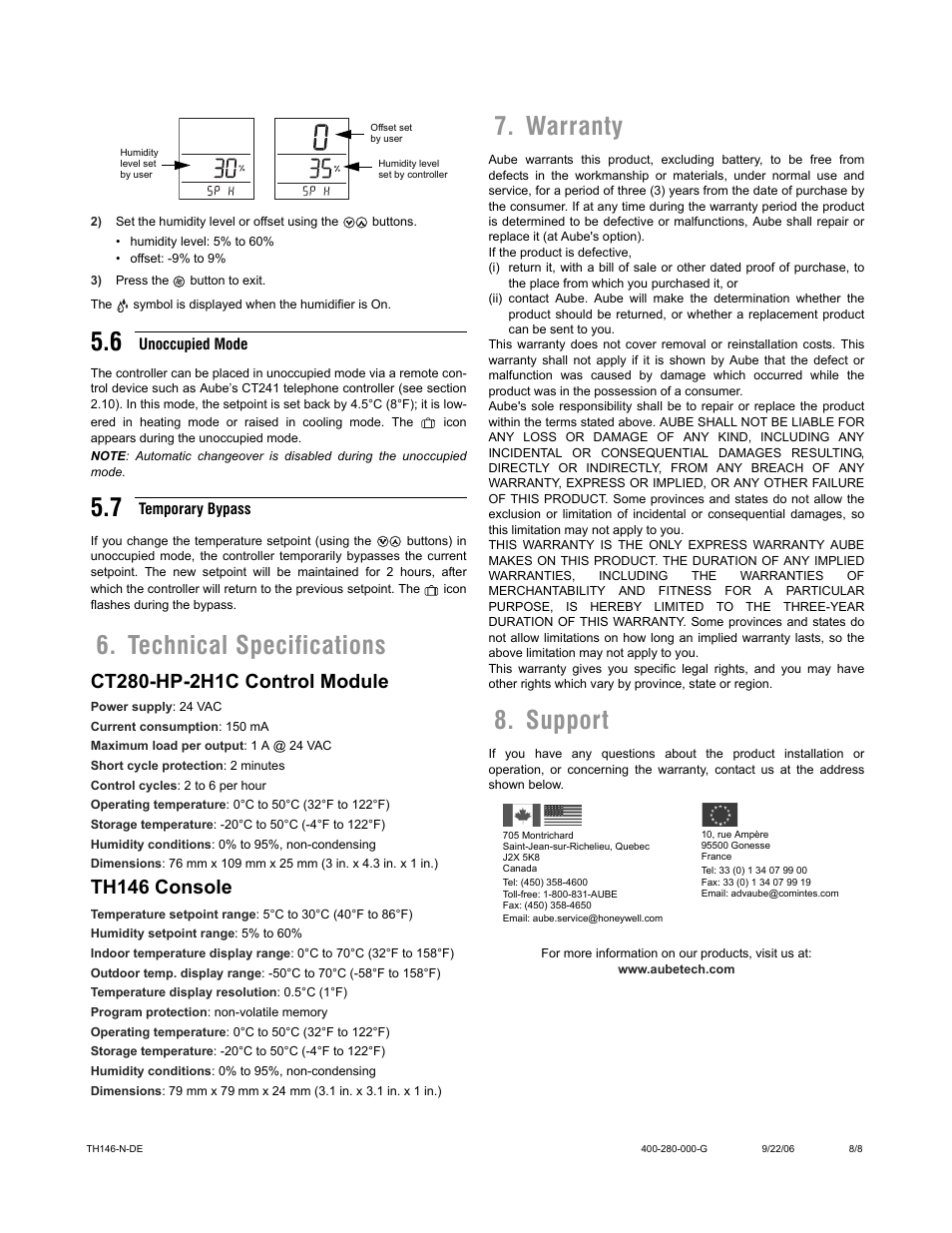 Technical specifications, Warranty 8. support, Th146 console | Aube Technologies Non-programmable Heat Pump Controller TH146-N-DE User Manual | Page 8 / 8