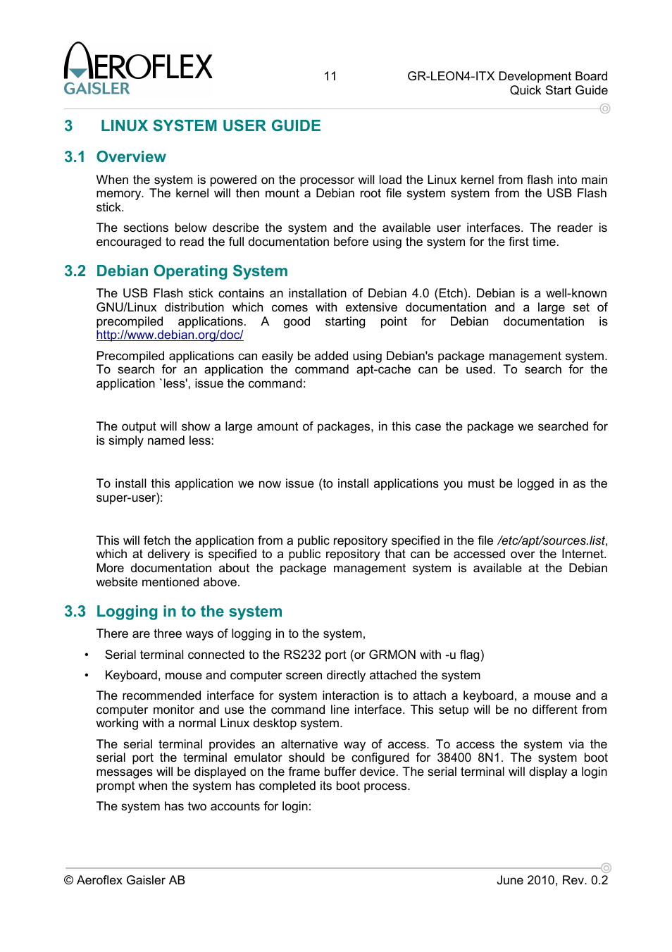 3 linux system user guide, 1 overview, 2 debian operating system | 3 logging in to the system, 3linux system user guide 3.1 overview | Aero-Flex GAISLER GR-LEON4-ITX User Manual | Page 11 / 32