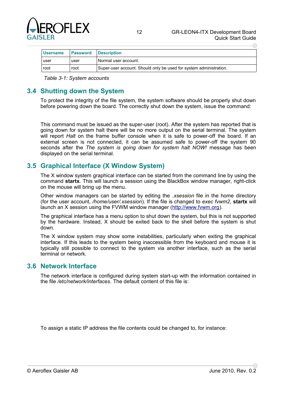 4 shutting down the system, 5 graphical interface (x window system), 6 network interface | Aero-Flex GAISLER GR-LEON4-ITX User Manual | Page 12 / 32