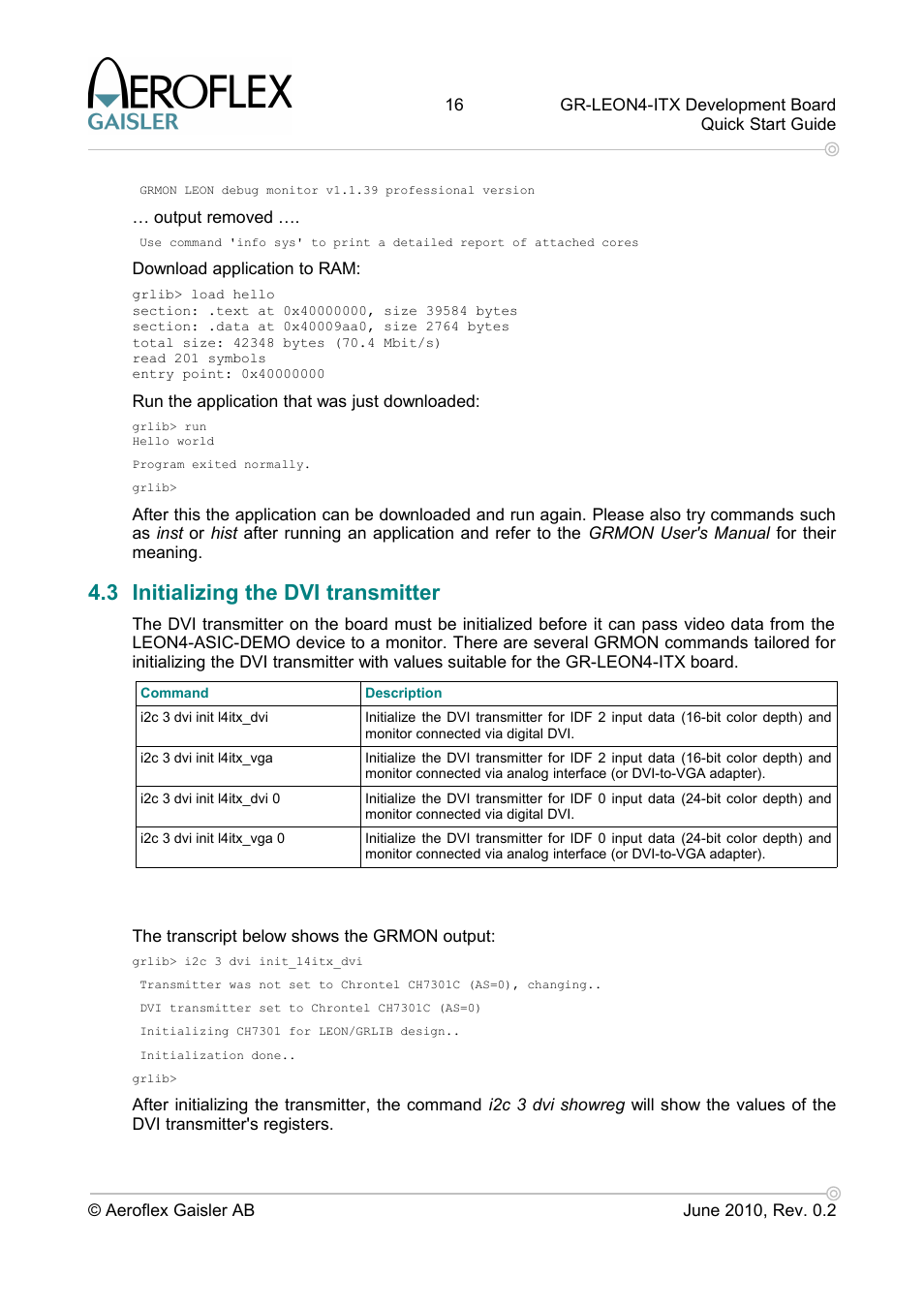 3 initializing the dvi transmitter | Aero-Flex GAISLER GR-LEON4-ITX User Manual | Page 16 / 32