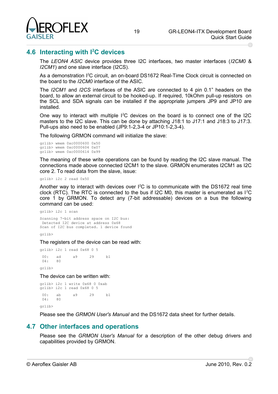 6 interacting with i2c devices, 7 other interfaces and operations, 6 interacting with i | C devices | Aero-Flex GAISLER GR-LEON4-ITX User Manual | Page 19 / 32