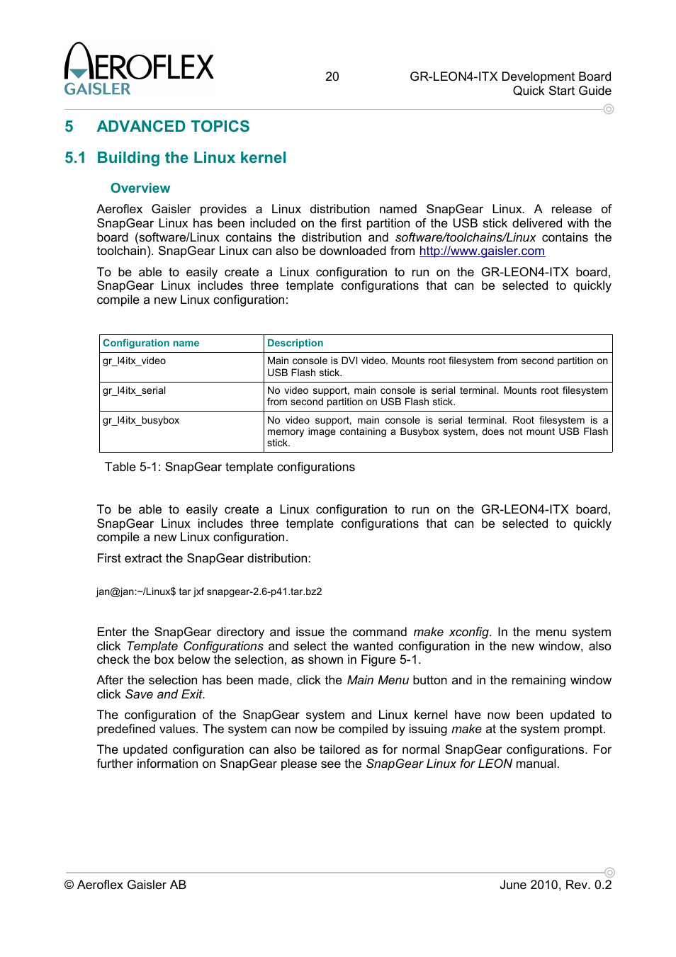 5 advanced topics, 1 building the linux kernel, Overview | 5advanced topics 5.1 building the linux kernel | Aero-Flex GAISLER GR-LEON4-ITX User Manual | Page 20 / 32
