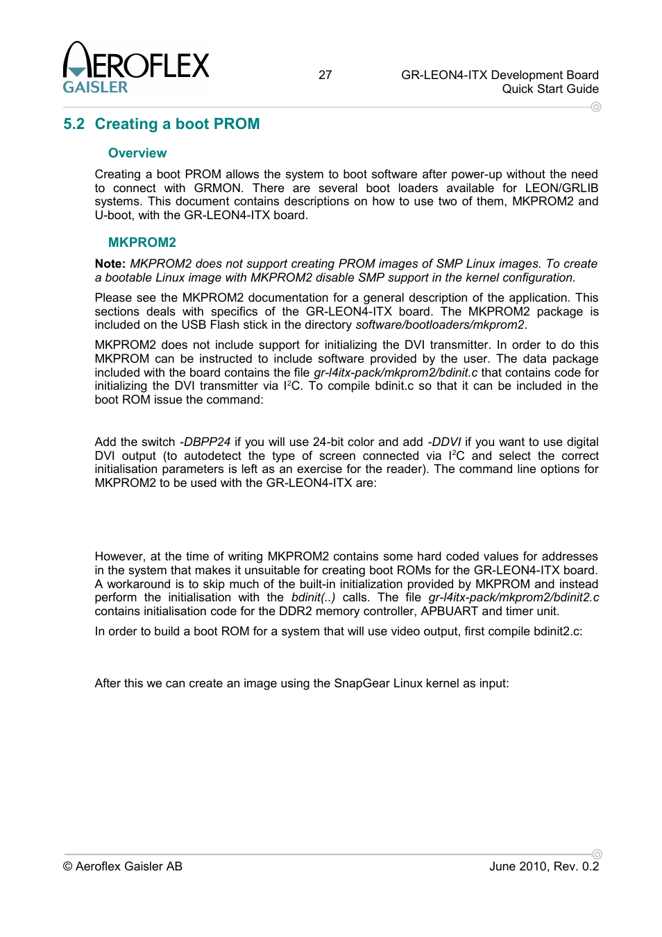2 creating a boot prom, Overview, Mkprom2 | Aero-Flex GAISLER GR-LEON4-ITX User Manual | Page 27 / 32