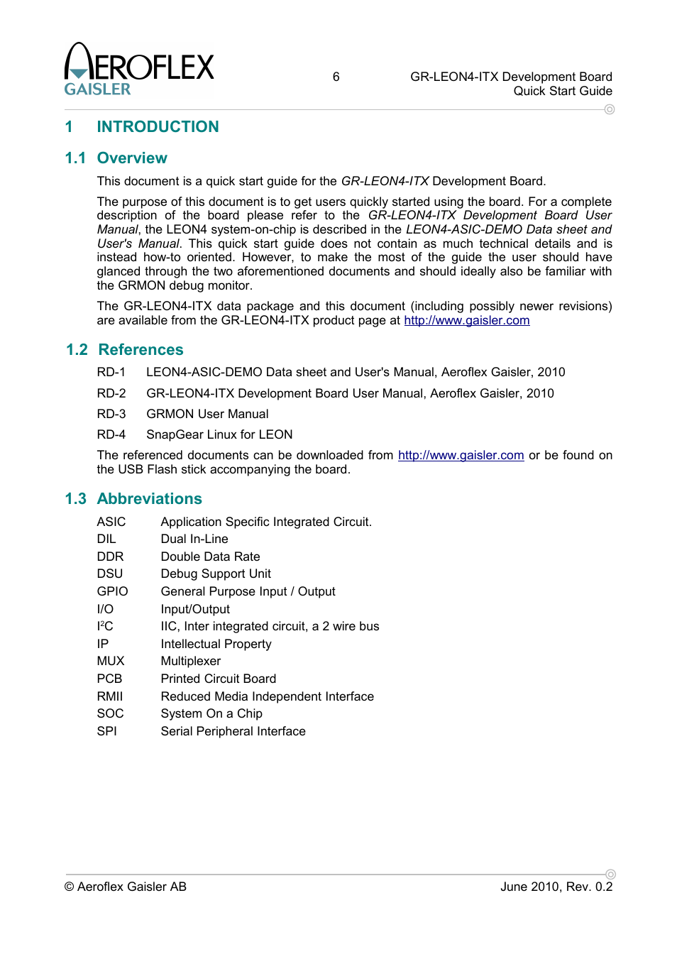1 introduction, 1 overview, 2 references | 3 abbreviations, 1introduction 1.1 overview | Aero-Flex GAISLER GR-LEON4-ITX User Manual | Page 6 / 32