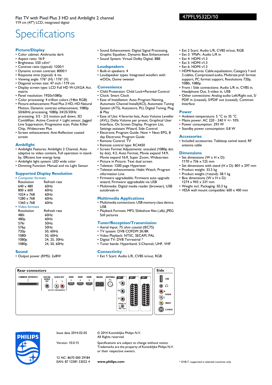 Specifications | Philips Cineos Flat TV User Manual | Page 3 / 3