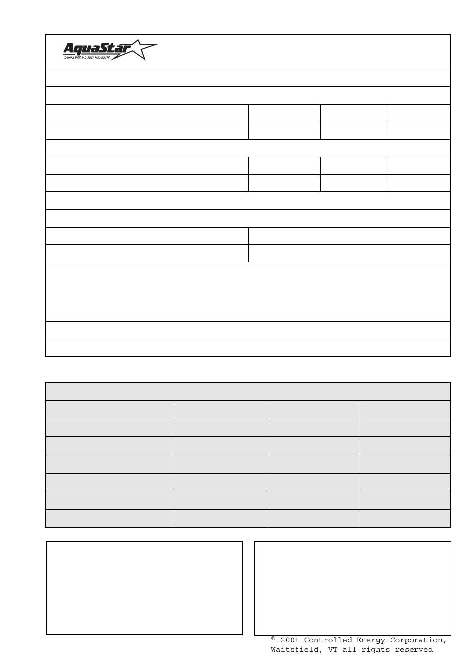 Installation checklist, Gas line size, Minimum vent size* and height | Water pressure, Controlled energy corp | AquaStar 125B NGL User Manual | Page 20 / 20