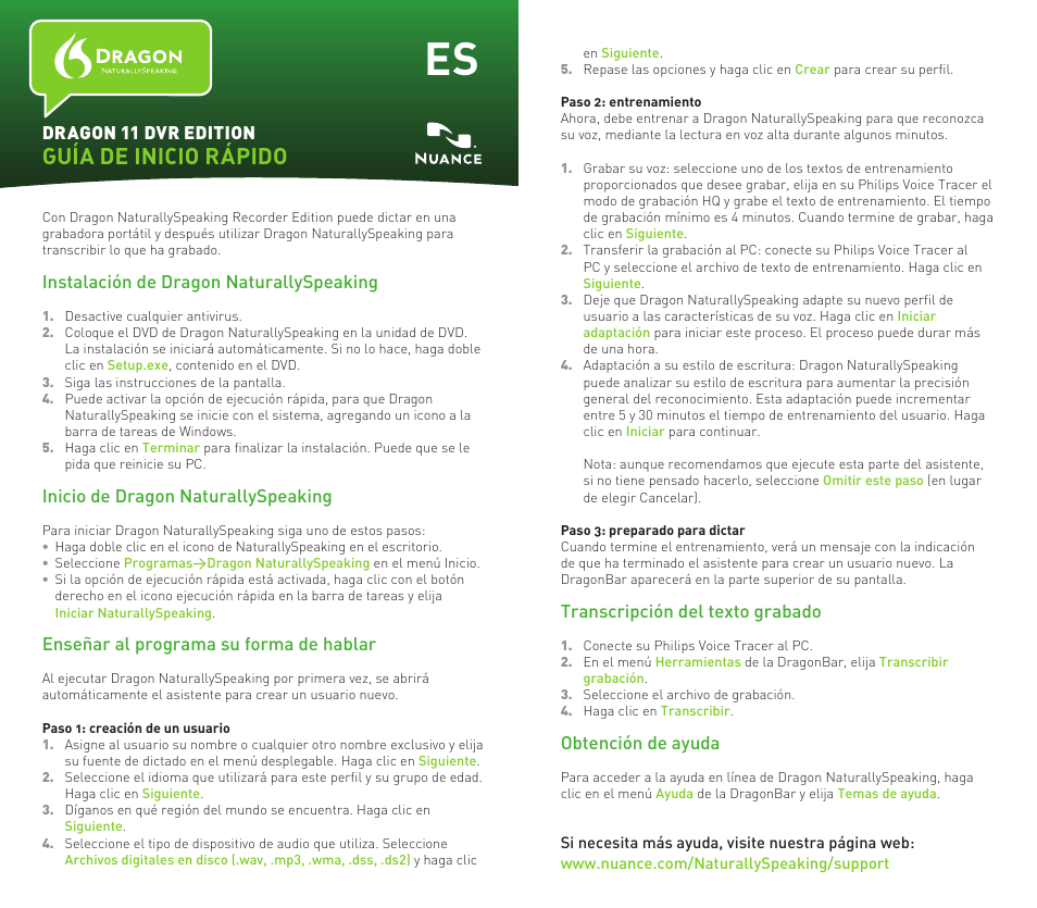 Guía de inicio rápido, Instalación de dragon naturallyspeaking, Inicio de dragon naturallyspeaking | Enseñar al programa su forma de hablar, Dragon 11 dvr edition, Transcripción del texto grabado, Obtención de ayuda | Philips Voice Tracer grabadora digital User Manual | Page 4 / 6