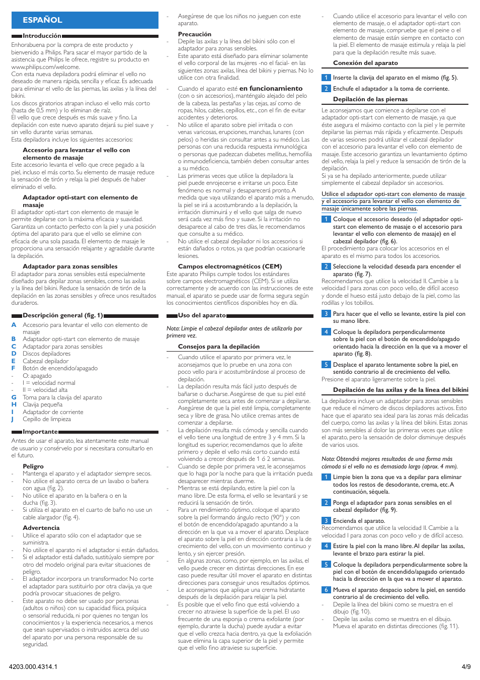 Español | Philips Satinelle Depiladora User Manual | Page 4 / 9