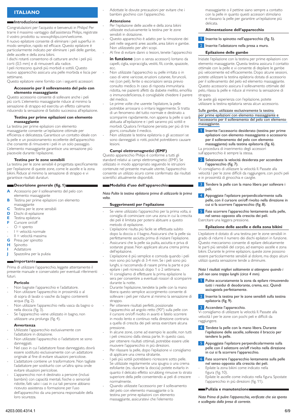 Italiano | Philips Satinelle Depiladora User Manual | Page 6 / 9