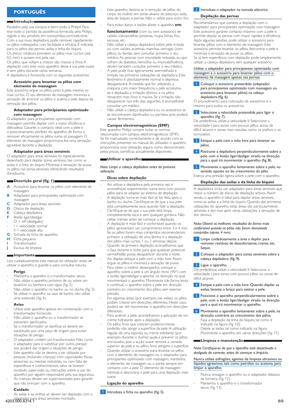 Português | Philips Satinelle Depiladora User Manual | Page 8 / 9