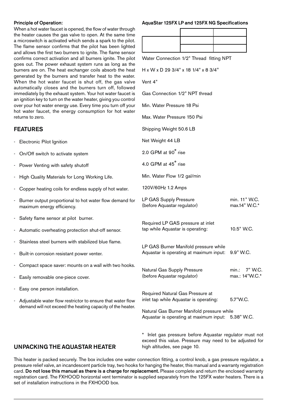 AquaStar 125FX LP User Manual | Page 2 / 24