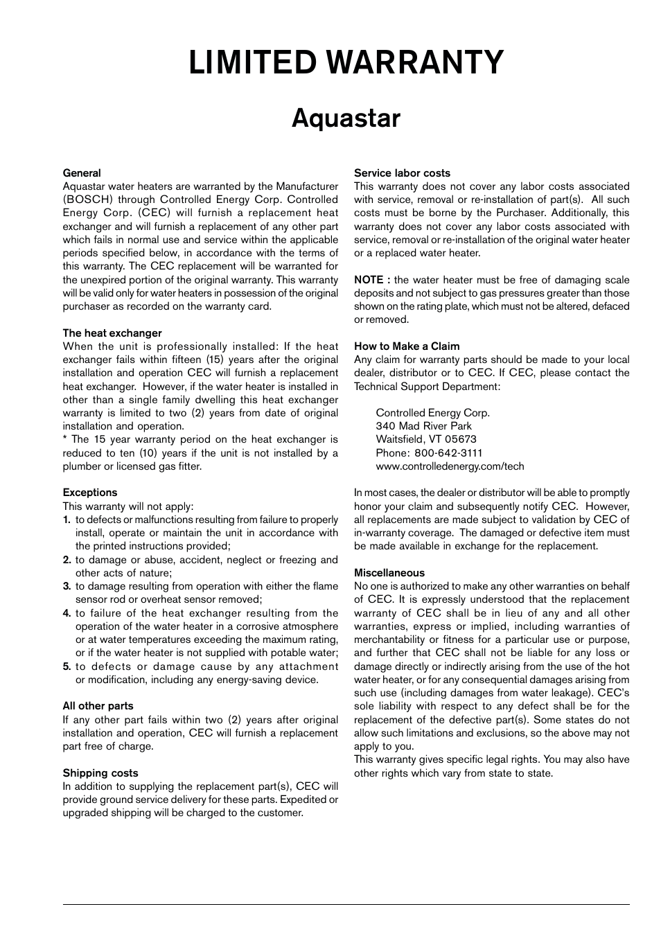 Limited warranty, Aquastar | AquaStar 125FX LP User Manual | Page 23 / 24