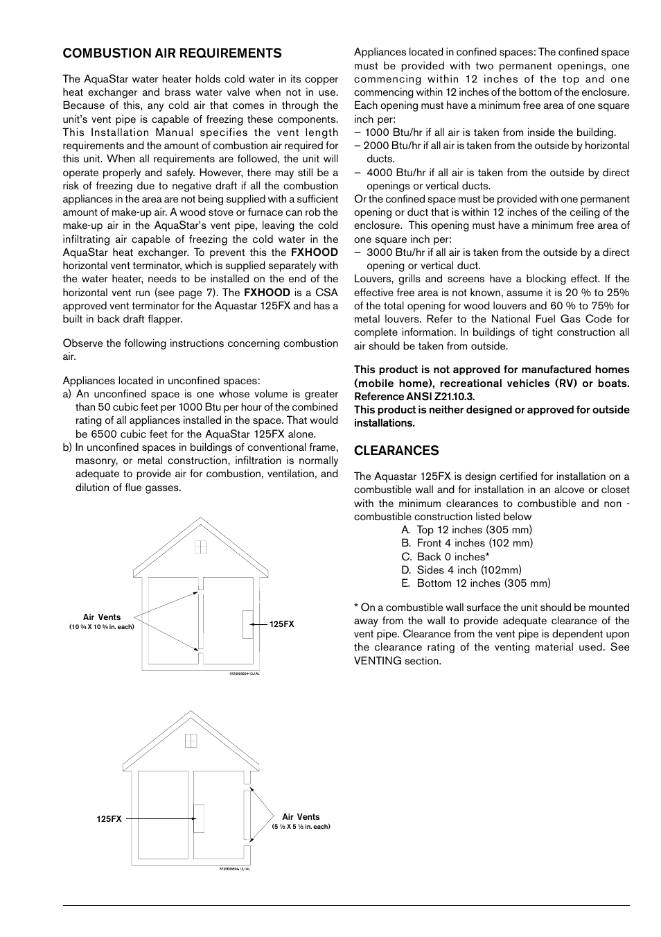 Combustion air requirements, Clearances | AquaStar 125FX LP User Manual | Page 5 / 24