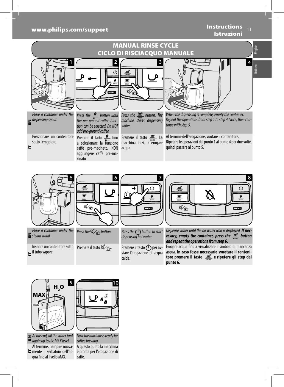 Manual rinse cycle ciclo di risciacquo manuale | Philips Saeco Intelia Evo Cafetera expreso súper automática User Manual | Page 11 / 56