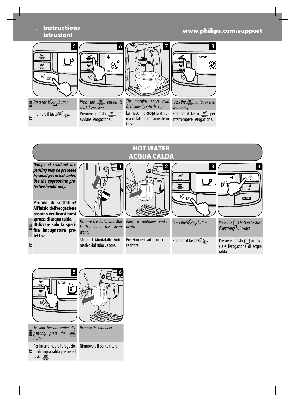 Hot water acqua calda | Philips Saeco Intelia Evo Cafetera expreso súper automática User Manual | Page 14 / 56