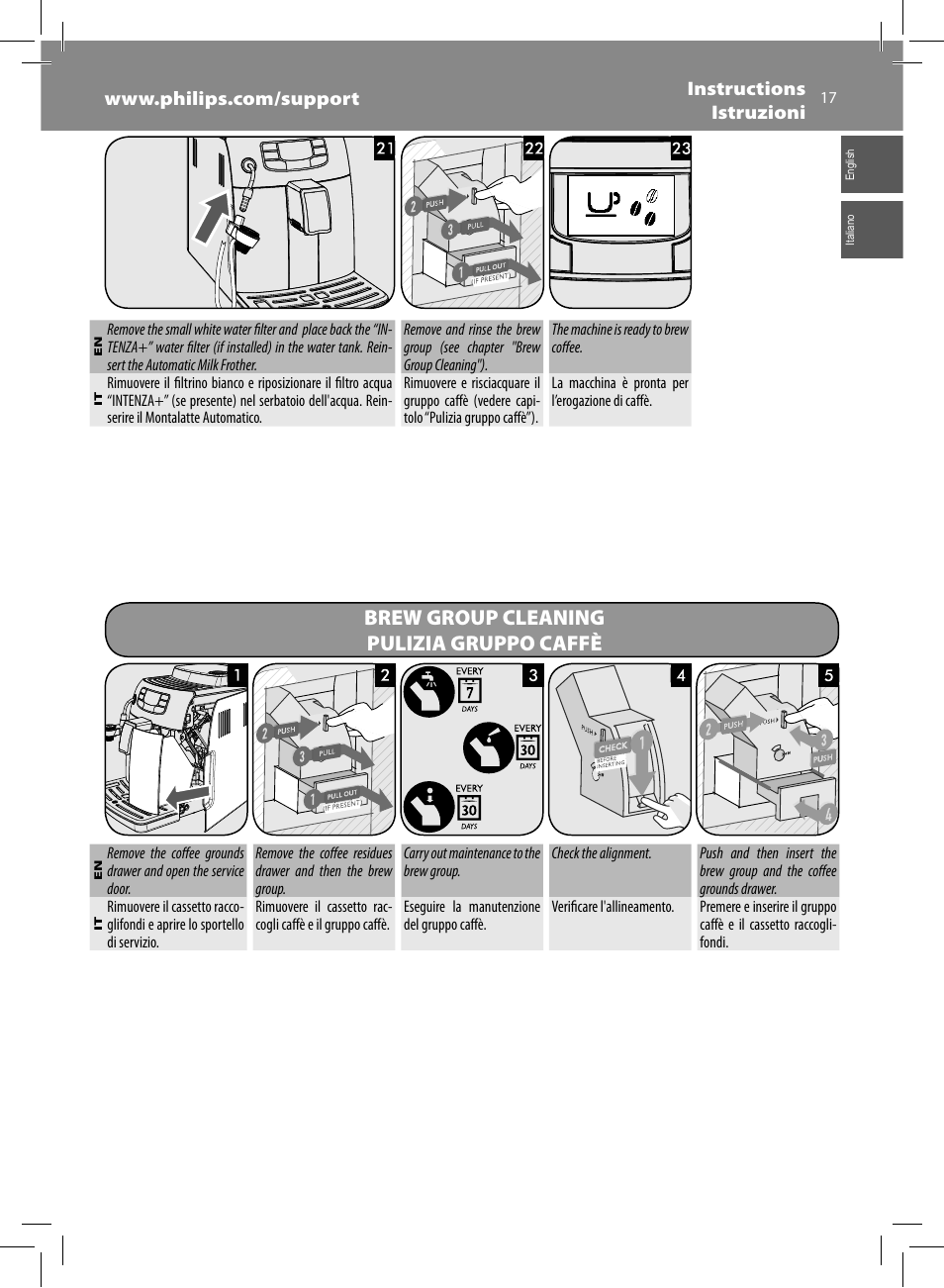 Brew group cleaning pulizia gruppo caffè | Philips Saeco Intelia Evo Cafetera expreso súper automática User Manual | Page 17 / 56