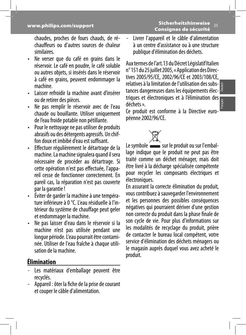 Élimination | Philips Saeco Intelia Evo Cafetera expreso súper automática User Manual | Page 25 / 56