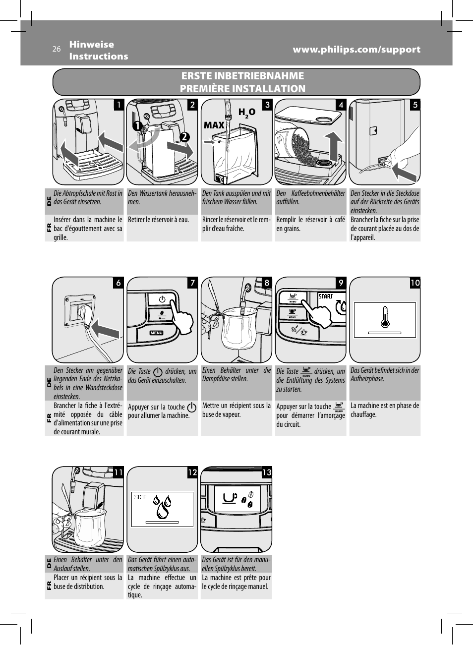 Erste inbetriebnahme première installation | Philips Saeco Intelia Evo Cafetera expreso súper automática User Manual | Page 26 / 56