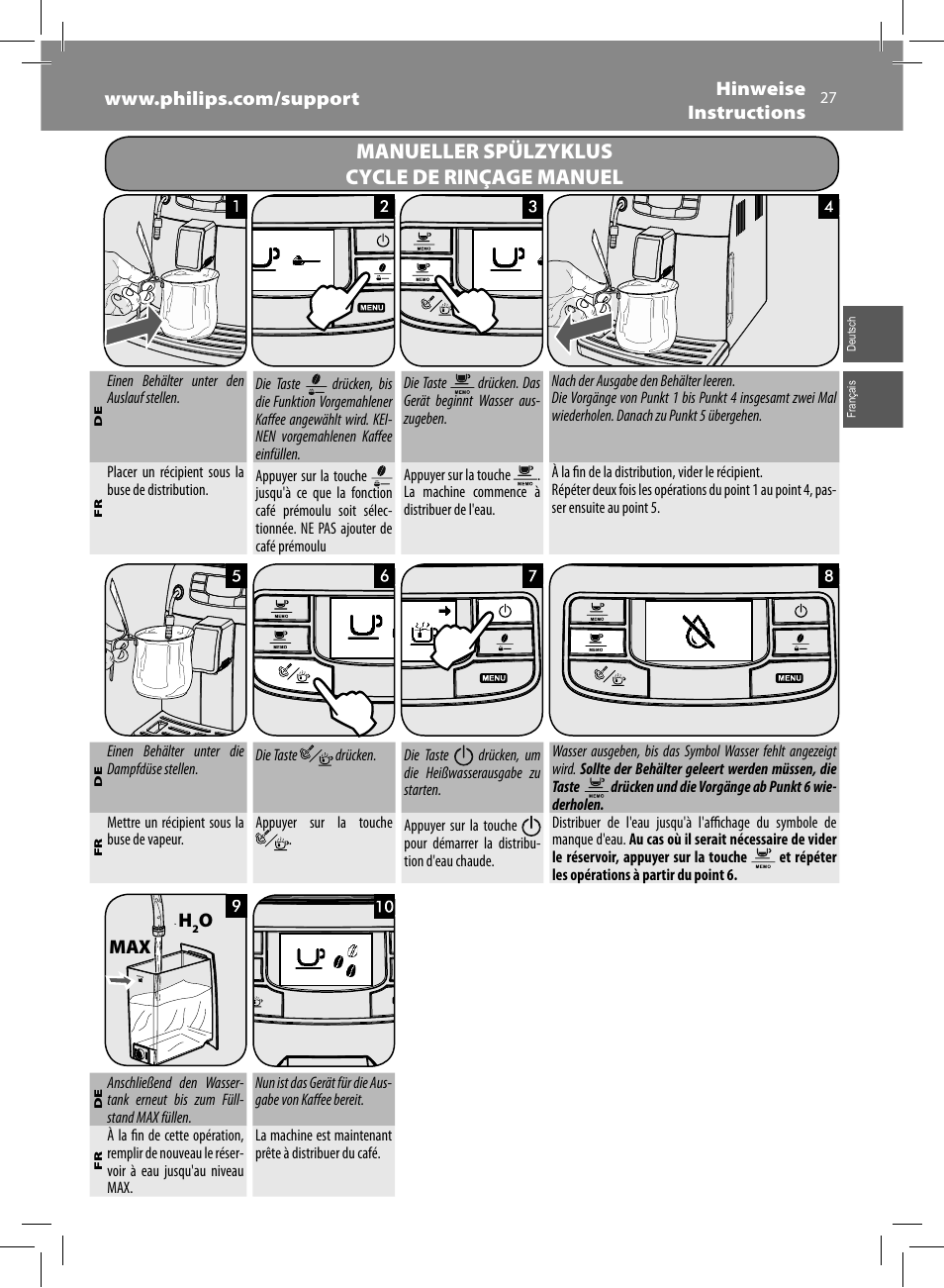 Manueller spülzyklus cycle de rinçage manuel | Philips Saeco Intelia Evo Cafetera expreso súper automática User Manual | Page 27 / 56