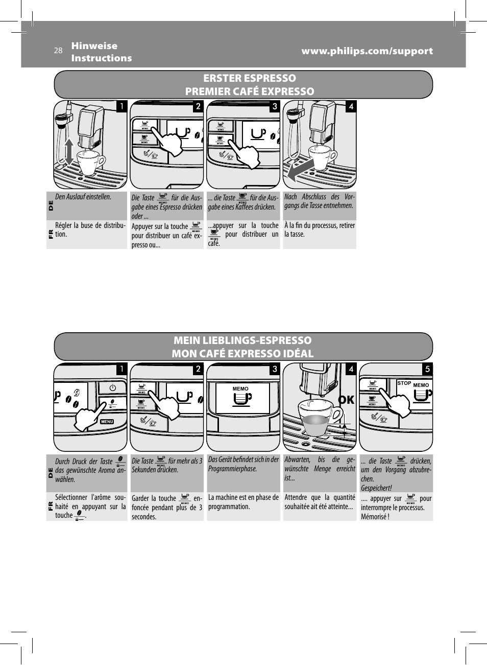 Erster espresso premier café expresso, Mein lieblings-espresso mon café expresso idéal | Philips Saeco Intelia Evo Cafetera expreso súper automática User Manual | Page 28 / 56