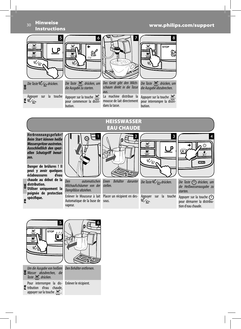 Heisswasser eau chaude | Philips Saeco Intelia Evo Cafetera expreso súper automática User Manual | Page 30 / 56