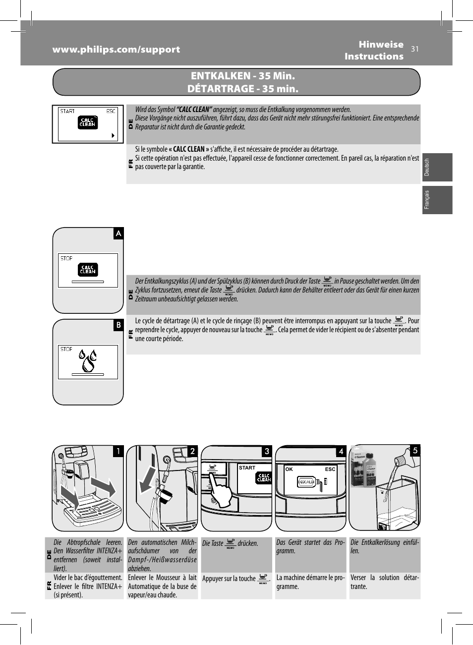 Entkalken - 35 min. détartrage - 35 min | Philips Saeco Intelia Evo Cafetera expreso súper automática User Manual | Page 31 / 56