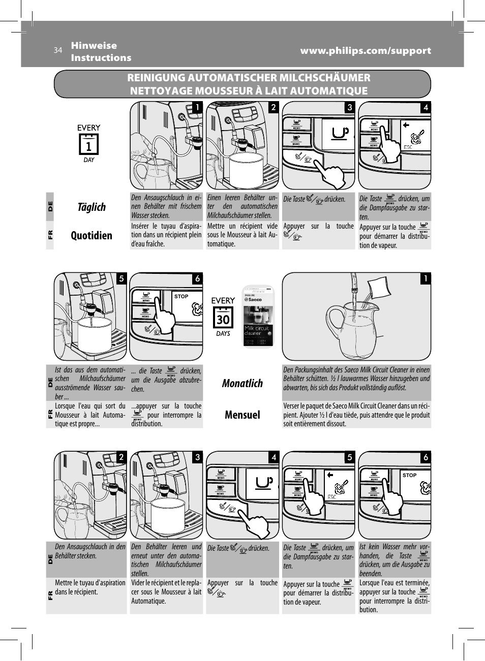 Täglich, Quotidien, Monatlich | Mensuel | Philips Saeco Intelia Evo Cafetera expreso súper automática User Manual | Page 34 / 56