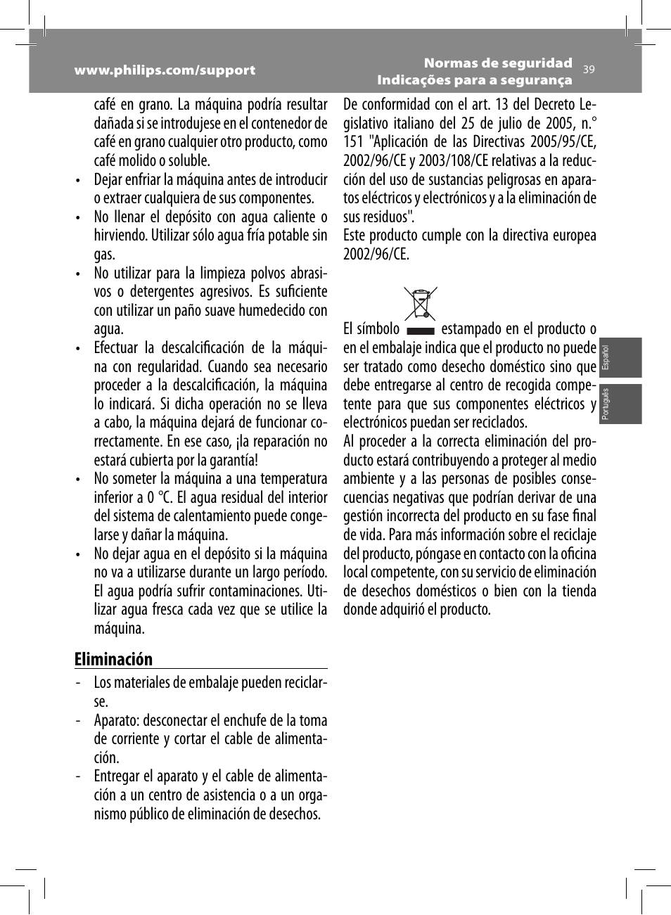 Eliminación | Philips Saeco Intelia Evo Cafetera expreso súper automática User Manual | Page 39 / 56