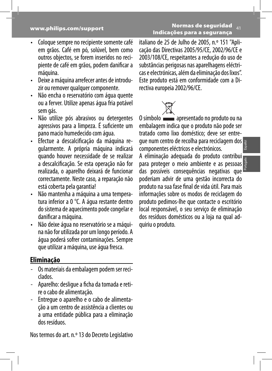 Eliminação | Philips Saeco Intelia Evo Cafetera expreso súper automática User Manual | Page 41 / 56