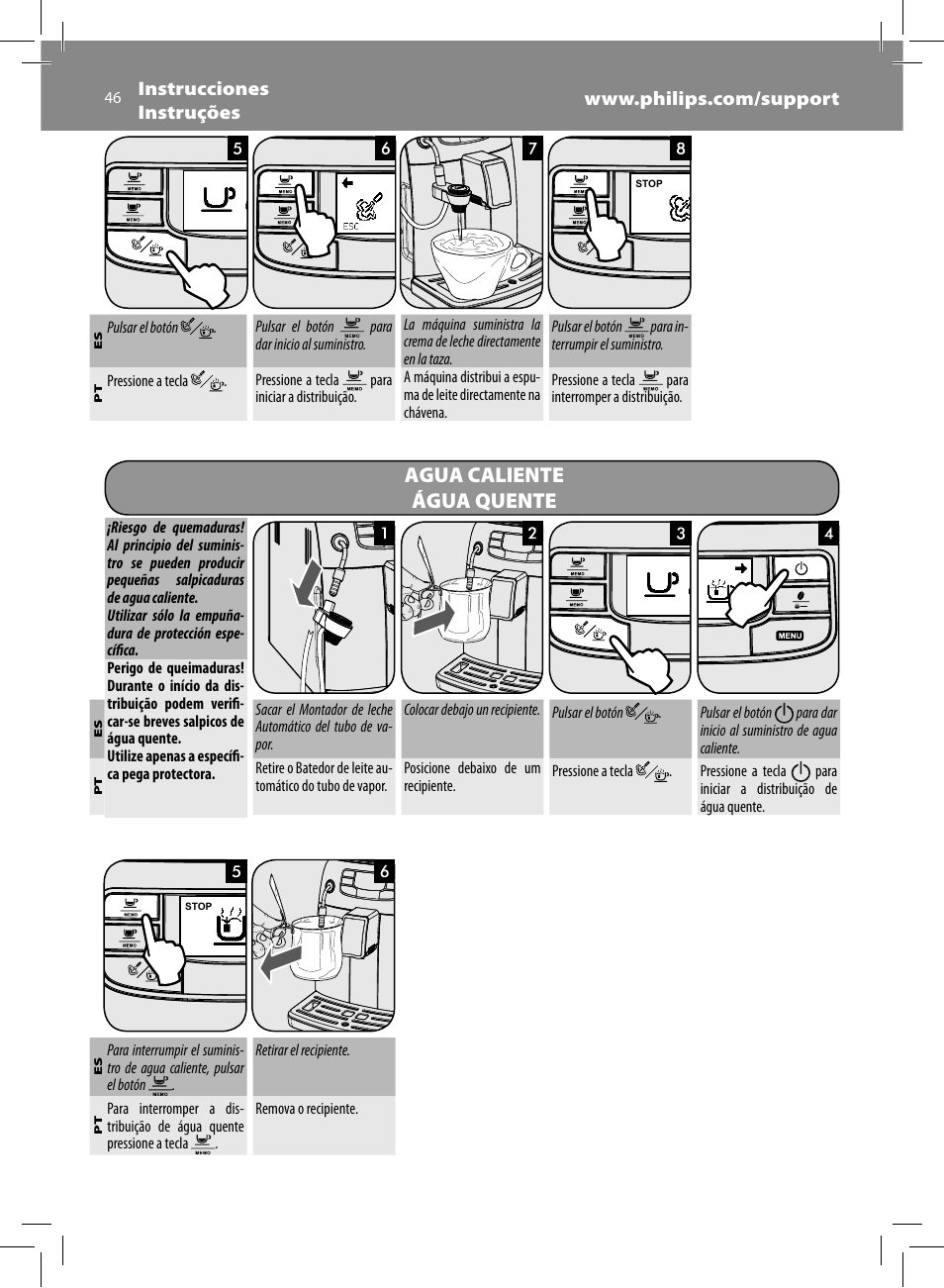 Agua caliente água quente | Philips Saeco Intelia Evo Cafetera expreso súper automática User Manual | Page 46 / 56