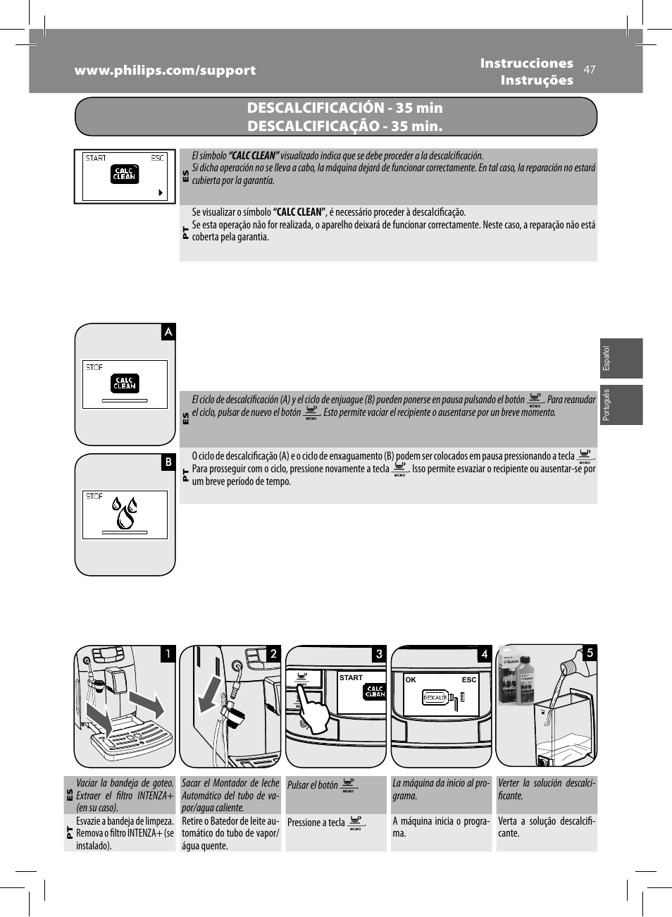 Descalcificación - 35 min descalcificação - 35 min | Philips Saeco Intelia Evo Cafetera expreso súper automática User Manual | Page 47 / 56
