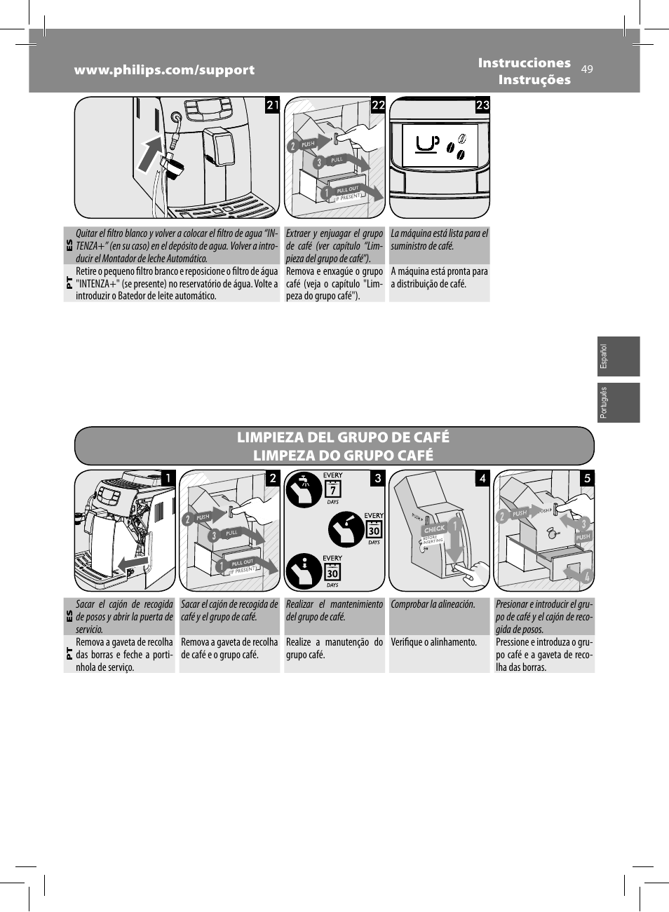 Limpieza del grupo de café limpeza do grupo café | Philips Saeco Intelia Evo Cafetera expreso súper automática User Manual | Page 49 / 56