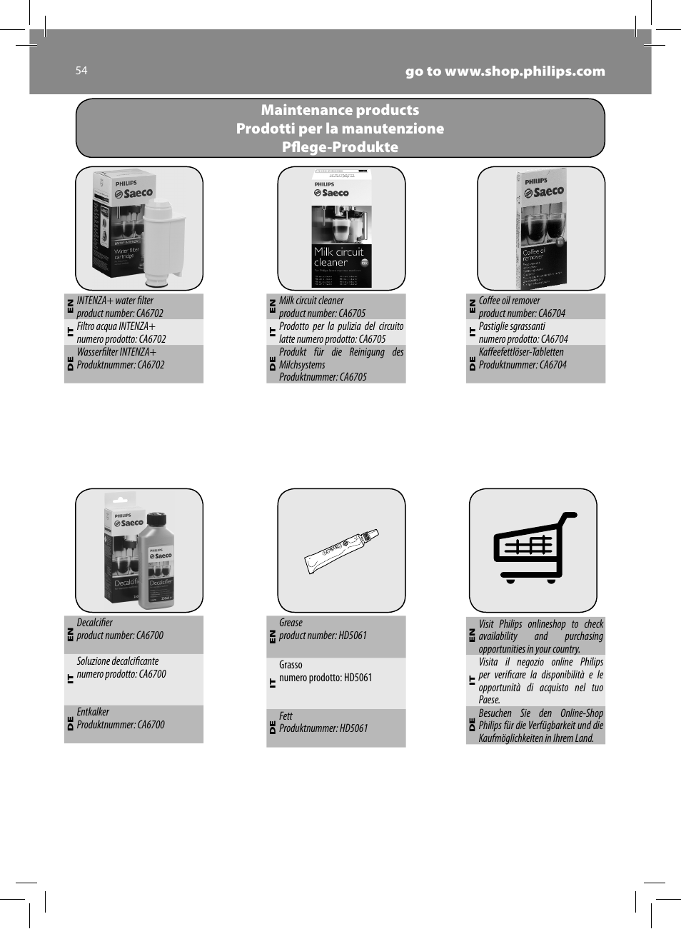 Philips Saeco Intelia Evo Cafetera expreso súper automática User Manual | Page 54 / 56