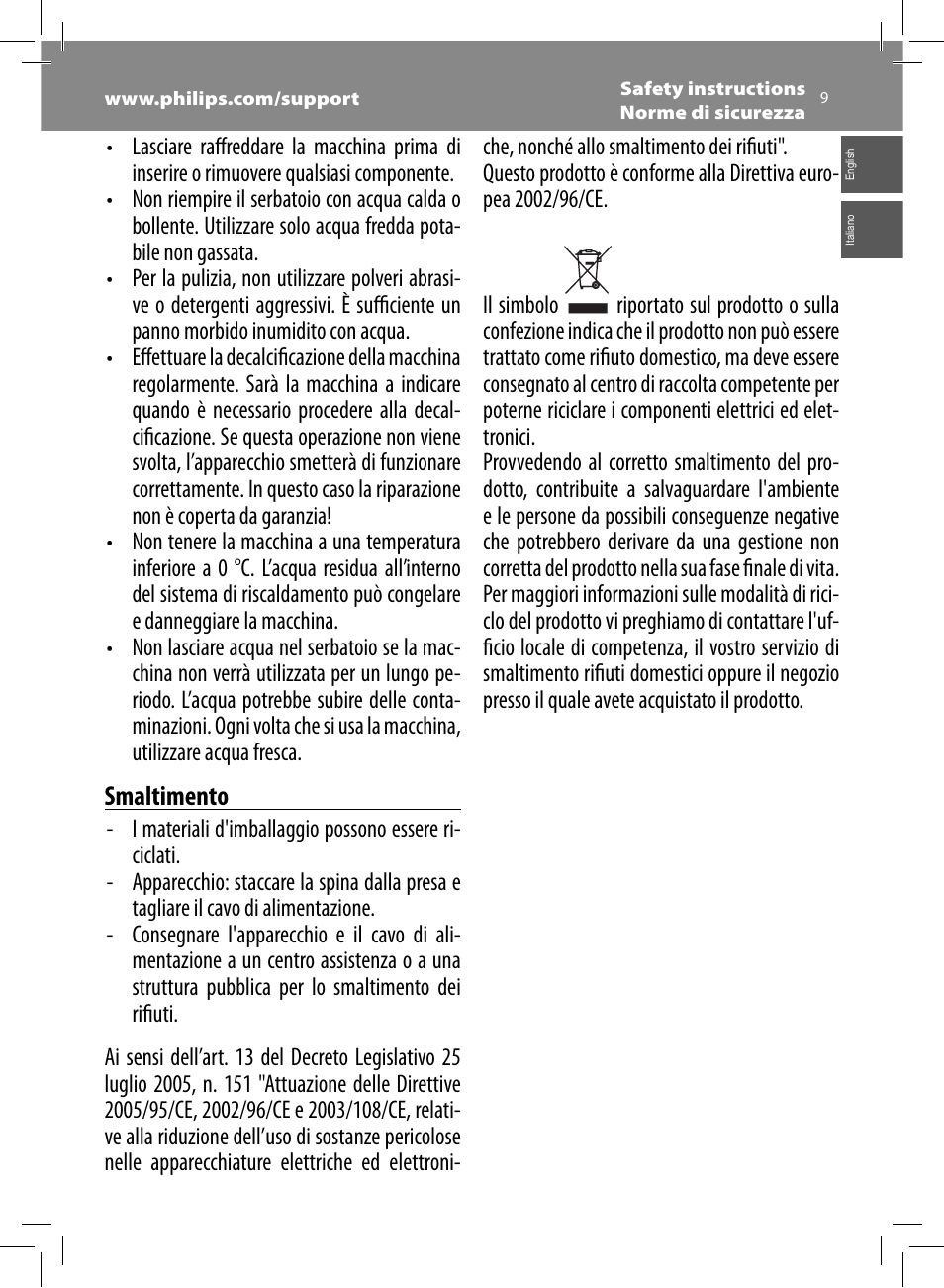 Smaltimento | Philips Saeco Intelia Evo Cafetera expreso súper automática User Manual | Page 9 / 56