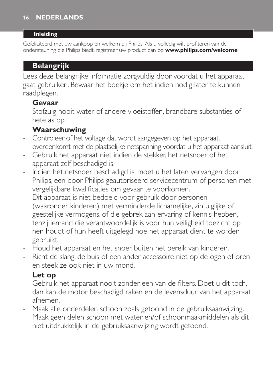 Nederlands | Philips PowerPro Compact Aspirador sin bolsa User Manual | Page 16 / 24