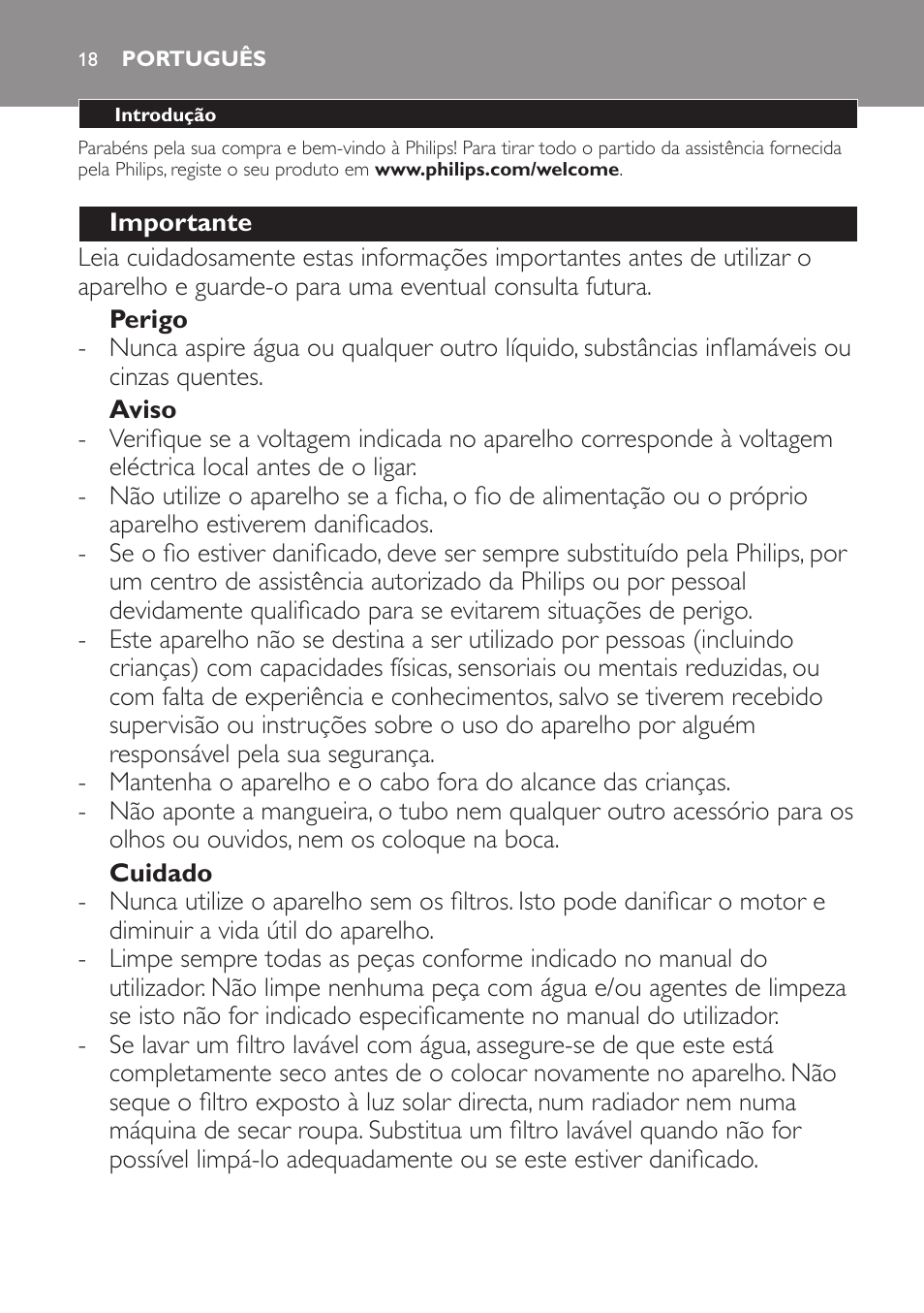 Português | Philips PowerPro Compact Aspirador sin bolsa User Manual | Page 18 / 24