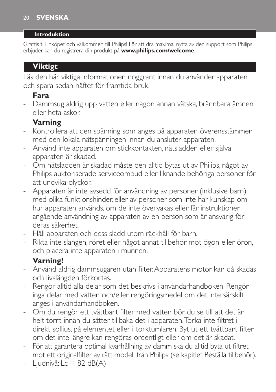 Svenska | Philips PowerPro Compact Aspirador sin bolsa User Manual | Page 20 / 24