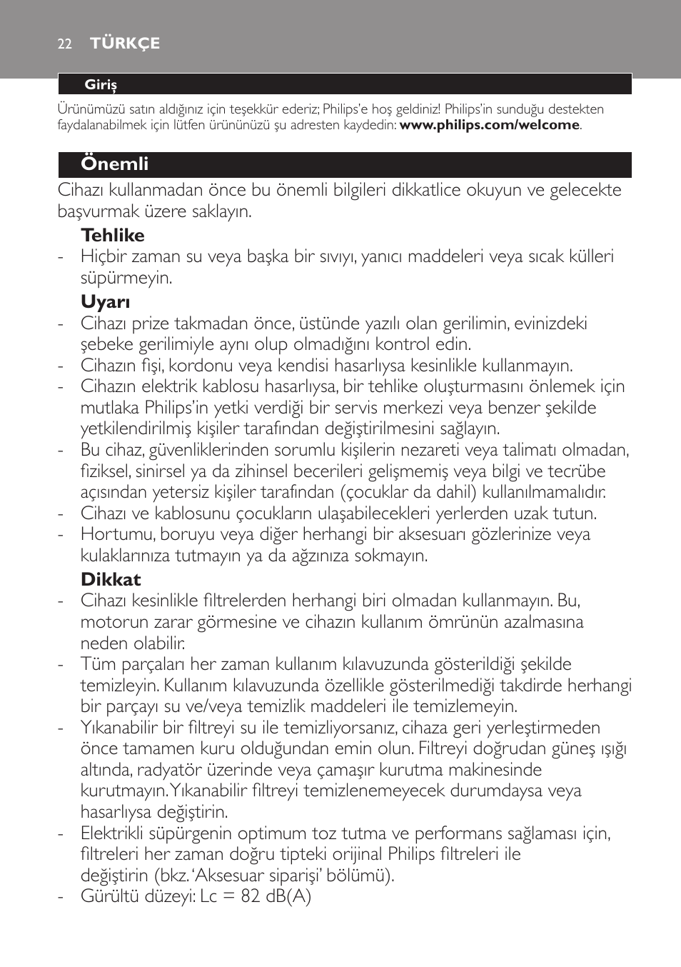 Türkçe | Philips PowerPro Compact Aspirador sin bolsa User Manual | Page 22 / 24