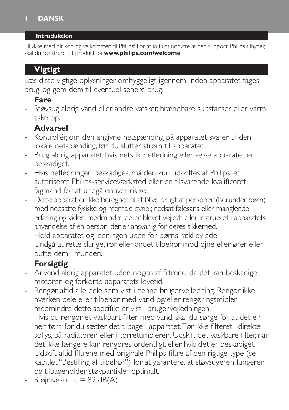 Dansk | Philips PowerPro Compact Aspirador sin bolsa User Manual | Page 4 / 24