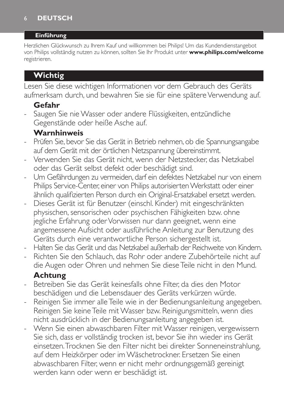 Deutsch | Philips PowerPro Compact Aspirador sin bolsa User Manual | Page 6 / 24