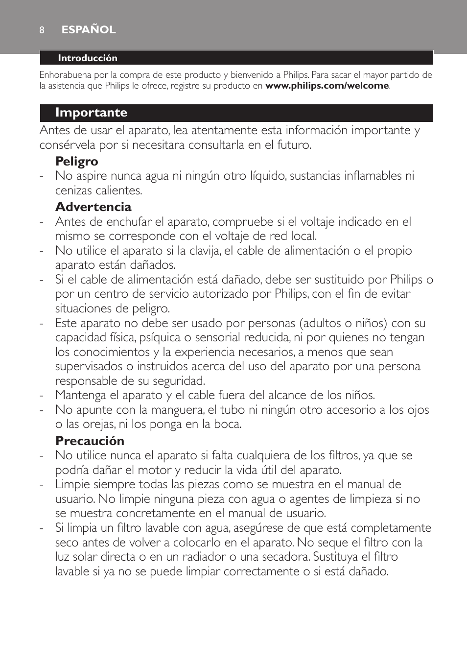 Español | Philips PowerPro Compact Aspirador sin bolsa User Manual | Page 8 / 24