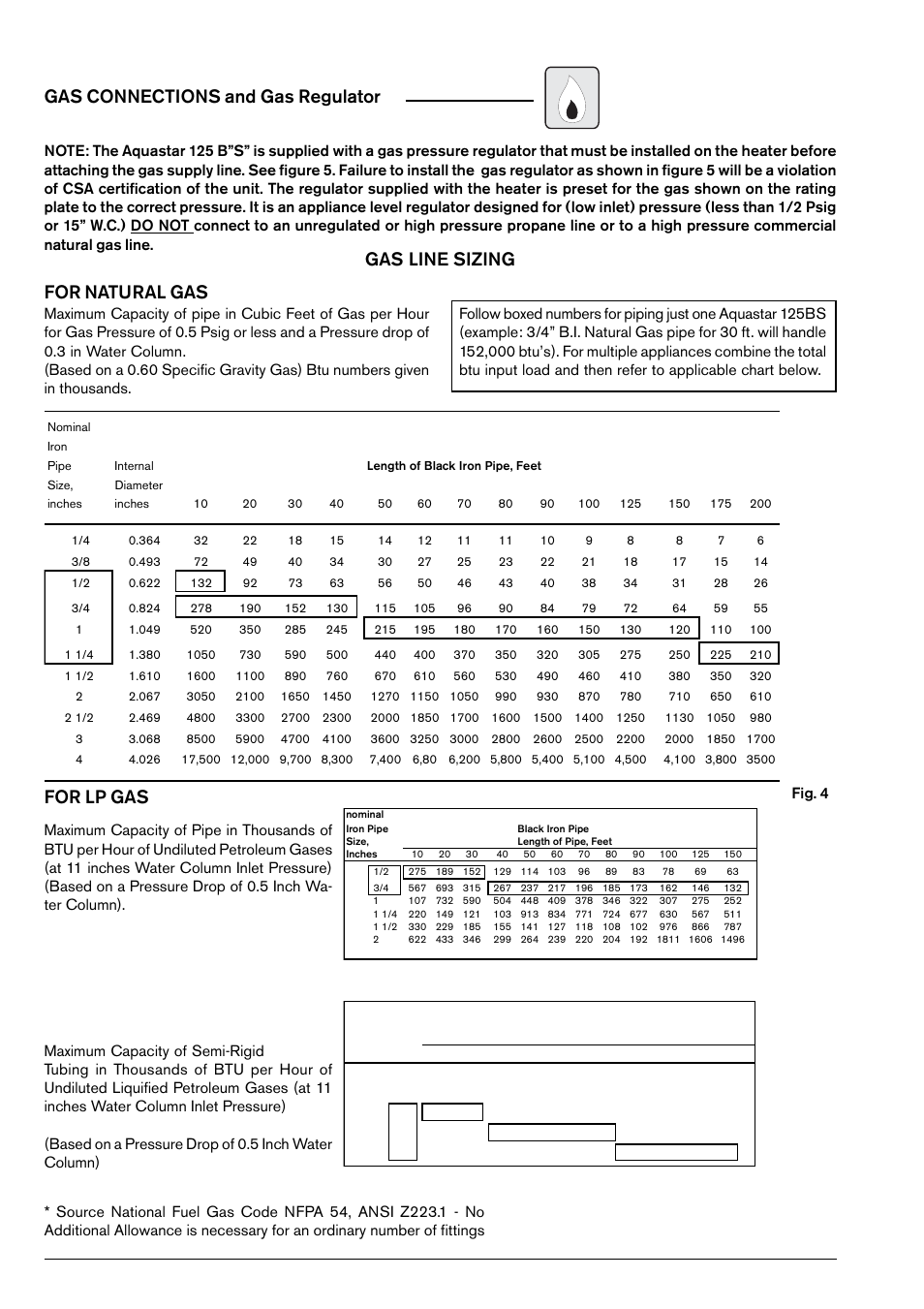Gas connections and gas regulator, For natural gas, For lp gas | Gas line sizing, Fig. 4 | AquaStar 125B NGS User Manual | Page 10 / 24