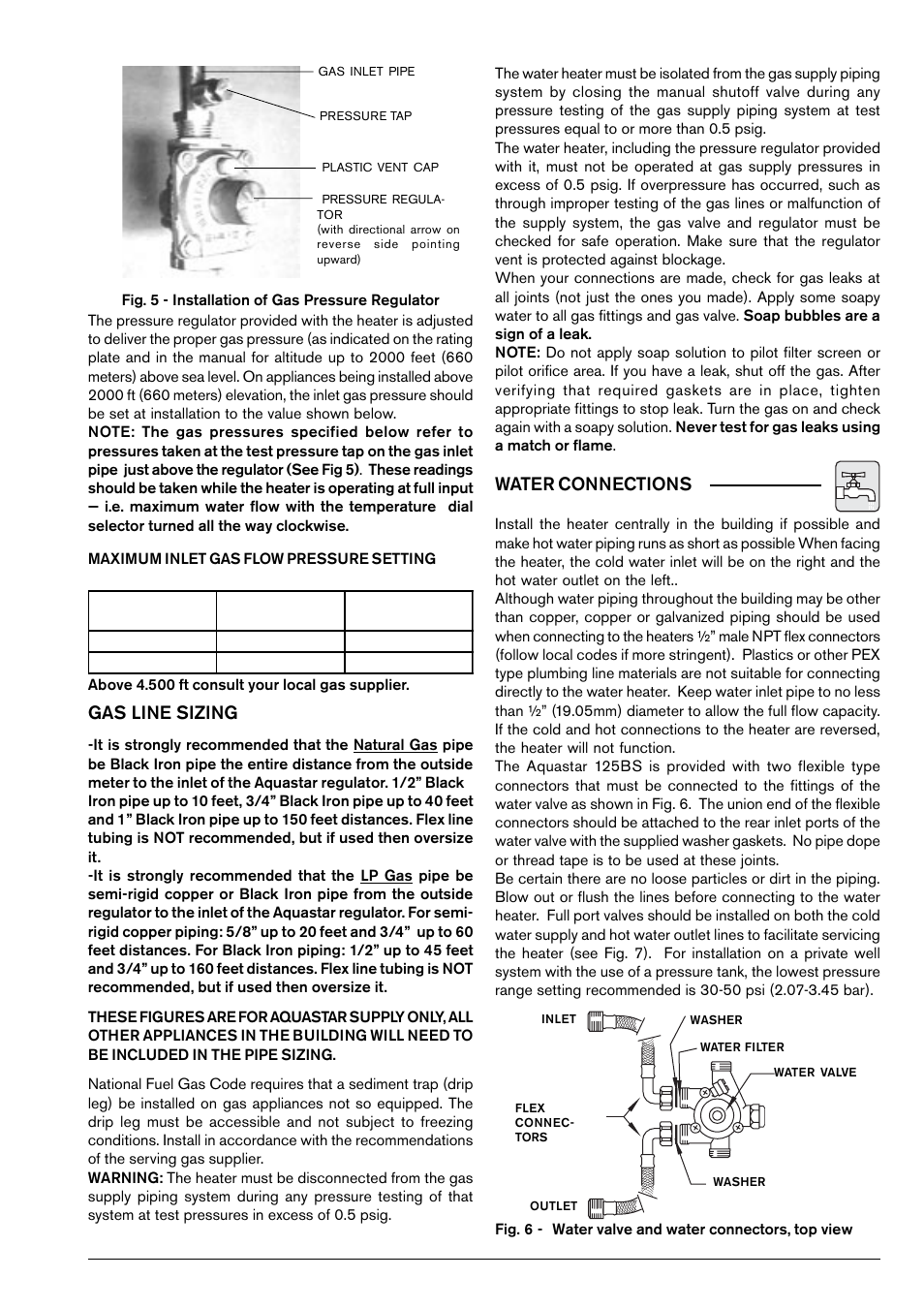 Water connections, Gas line sizing | AquaStar 125B NGS User Manual | Page 11 / 24